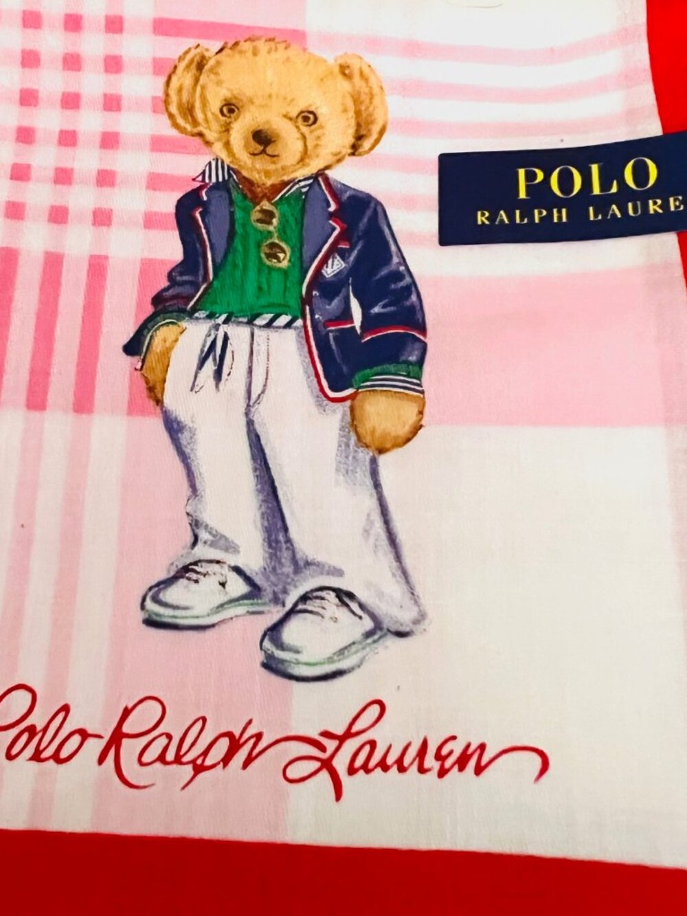 Polo Ralph Lauren Handkerchief /Mini Scarf 19" pink white check with bear(84) - Picture 12 of 14